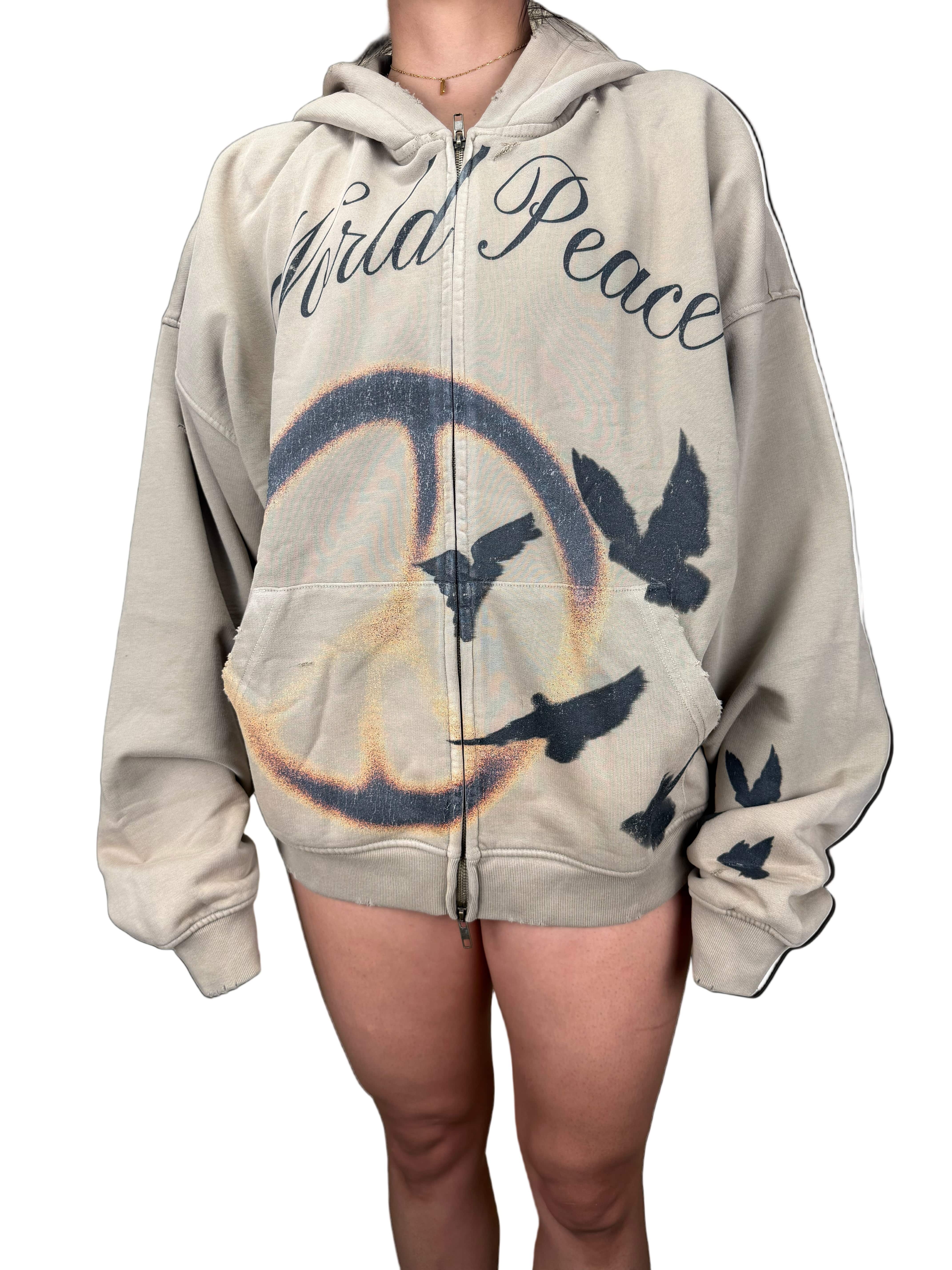 World Peace – Washed Distressed Zip-Up Hoodie | Streetwear with Soul Keep it Universal® World Peace - Washed Distressed Zip-Up Hoodie Hoodie