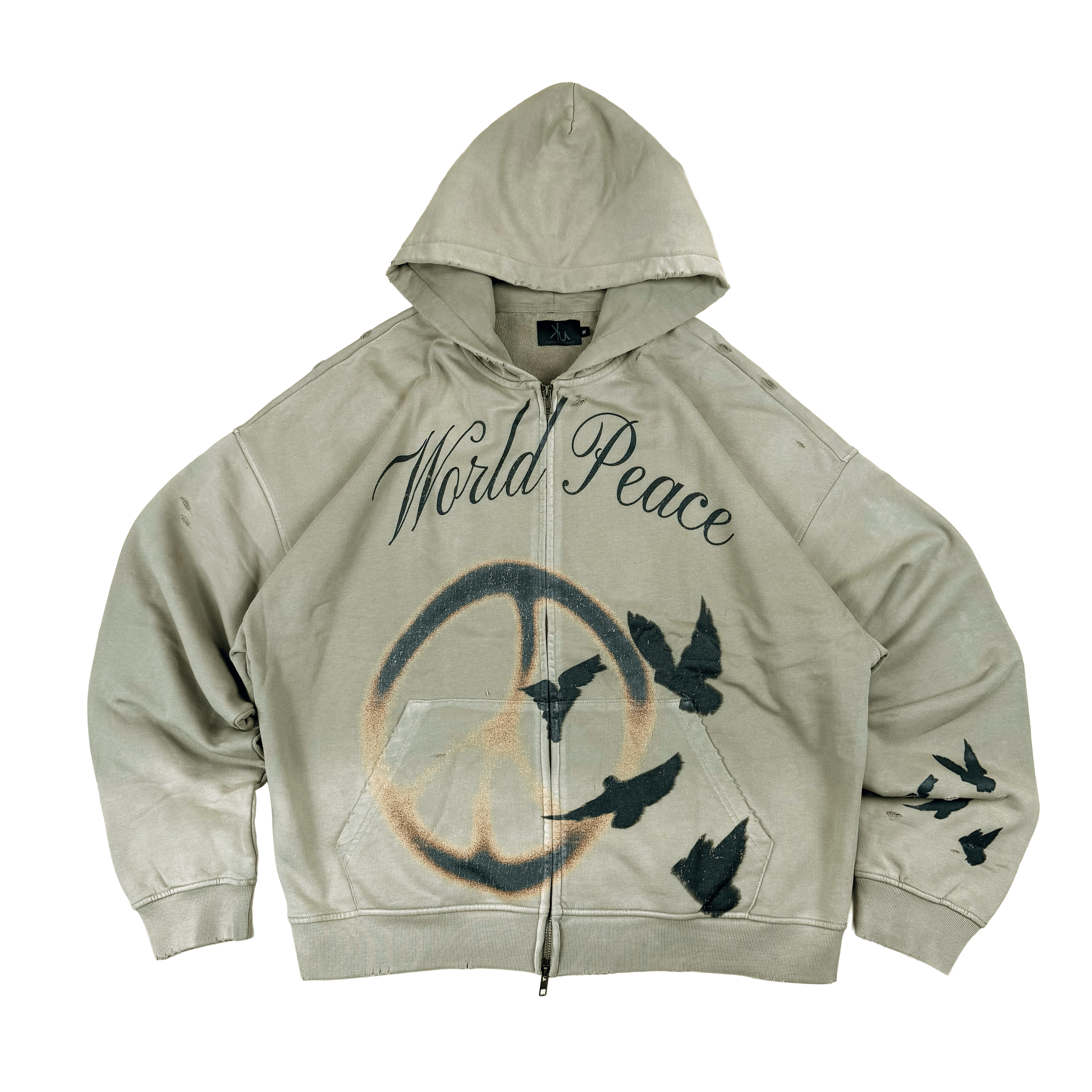 World Peace – Washed Distressed Zip-Up Hoodie | Streetwear with Soul Keep it Universal® World Peace - Washed Distressed Zip-Up Hoodie Hoodie