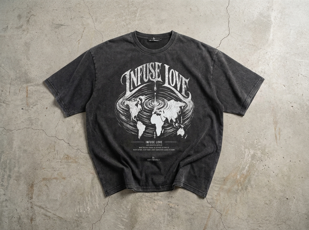 Flat lay of the Keep It Universal® Infuse Love graphic T-shirt featuring a world map and ripple design inspired by the idea that every act of love creates a lasting impact.