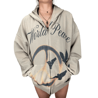 World Peace – Washed Distressed Zip-Up Hoodie | Streetwear with Soul Keep it Universal® World Peace - Washed Distressed Zip-Up Hoodie Hoodie
