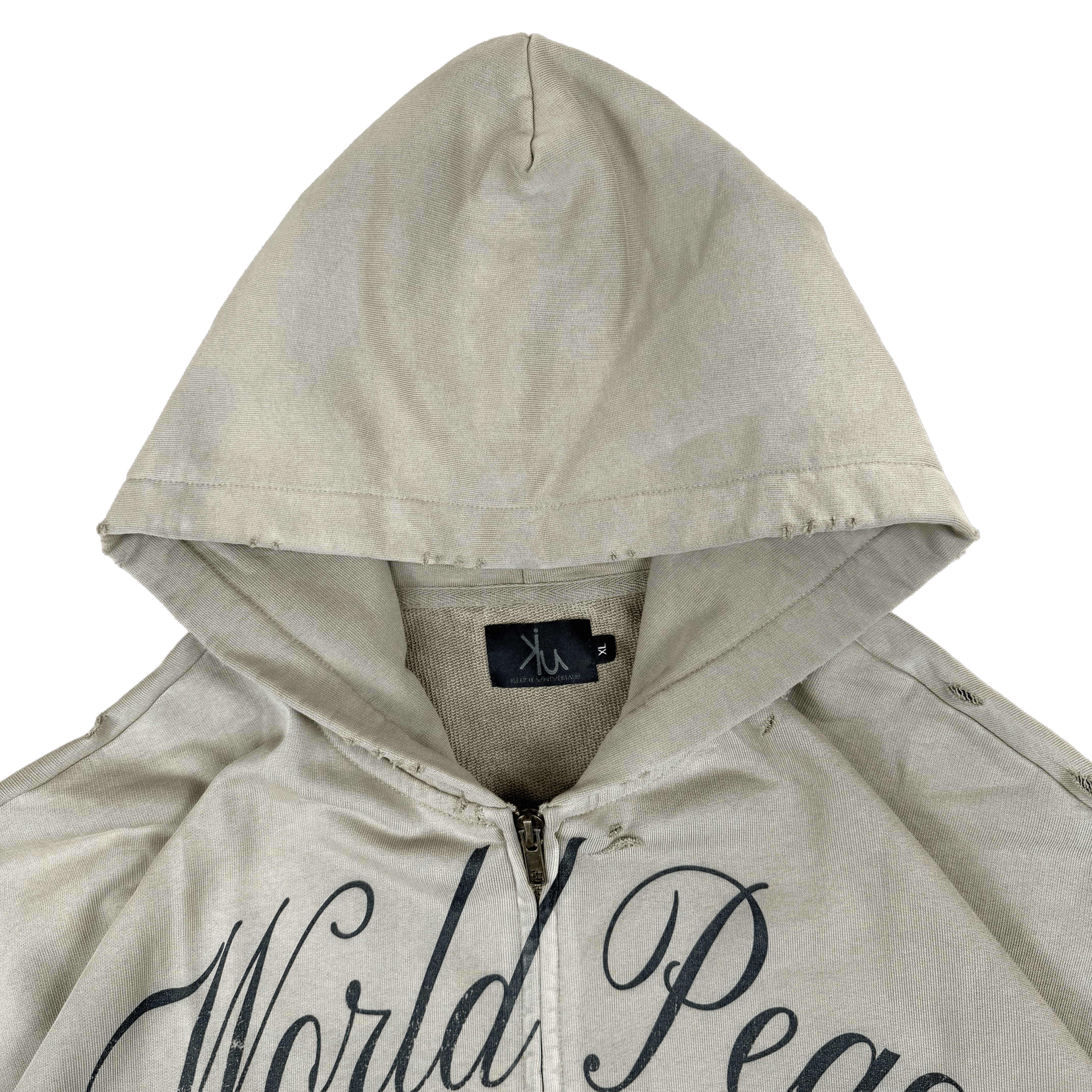 World Peace – Washed Distressed Zip-Up Hoodie | Streetwear with Soul Keep it Universal® World Peace - Washed Distressed Zip-Up Hoodie Hoodie